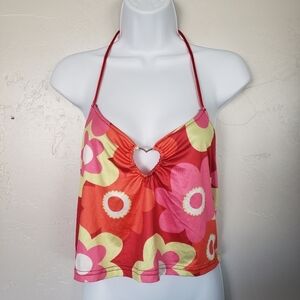 Shein Curve Womens 2XL Retro Floral Halter Crop Top Orange Green Pink Notch Neck
